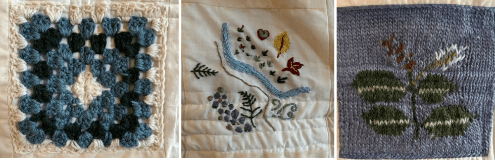 Three square quilts: Left: crotcheted square in navy, light blue, and white yarn. Center: embroidered square depicting trails, leaves, ferns, and a rock wall. Right: knitted square, depicting a plant with green leaves.