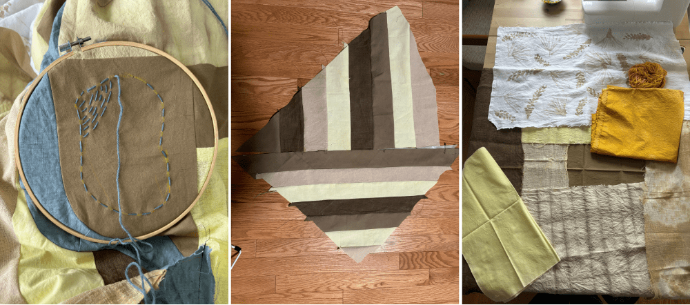 Three images of the quilting process. Left: an embroidery hoop with brown fabric. Center: quilt square with striped fabric. Right: Pieces of yellow, brown, and white fabric.