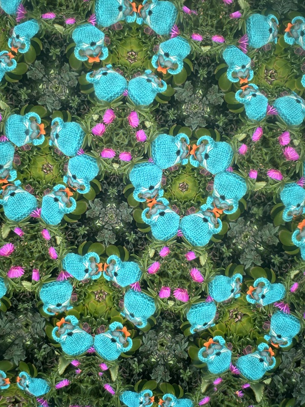 CC, greenery, and pink flowers through a kaleidoscope.