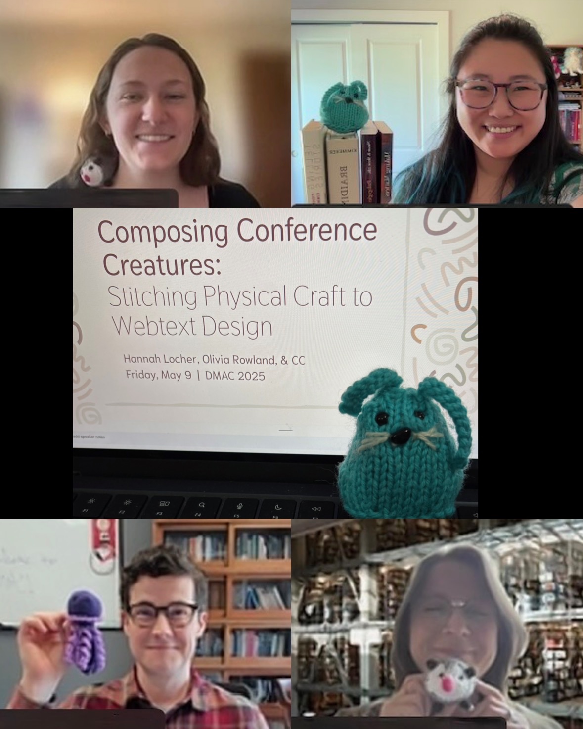 Olivia Rowland, Hannah Locher, John Jones, and Sabrina Durso pose in individual frames with their creatures. In the middle, there is a picture of a blue knit bunny in front of a computer displaying a Conference Creatures powerpoint presentation.