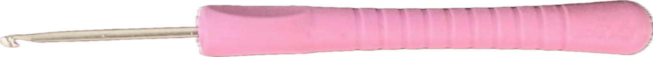 A crochet hook with a pink handle.