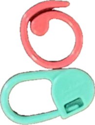 A seafoam green plastic locking stitch marker and a pink metal spiral stitch marker.