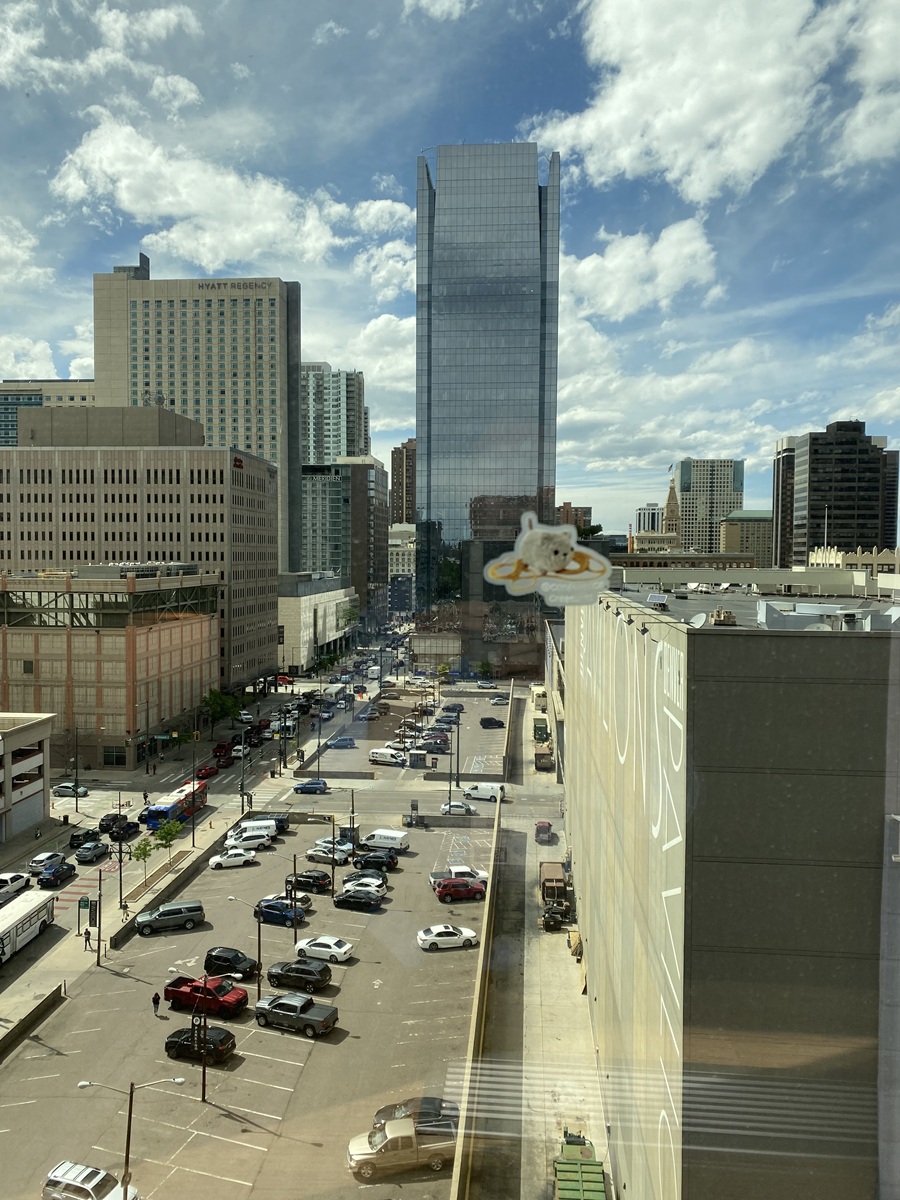 A blurry cat conference creature sticker with the Denver skyline in the background.