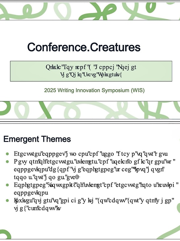 A slideshow that became unreadable after being converted into a PDF. The title 'Conference.Creatures' and '2025 Writing Innovation Symposium (WIS)' are visible, but the other text appears as strings of random letters and symbols.